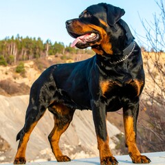 Black dog stands outdoors