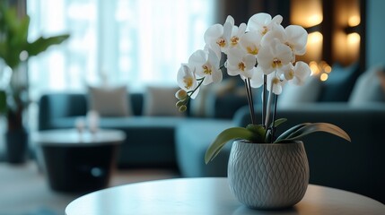 White vase with orchid flowers on table. Discerning beauty video discerning room tastes special. A luxurious suite with a luxurious comfort and personalized services. A table lifestyle featuring a.