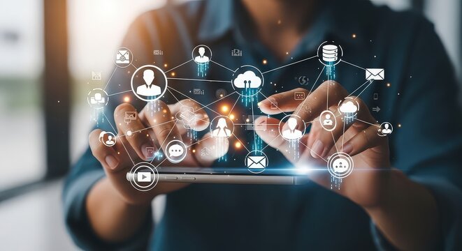 Person interacting with futuristic digital network interface and data visualization on tablet