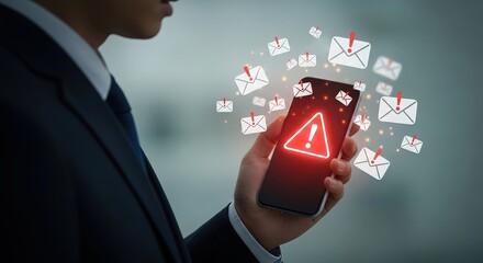Businessman holding smartphone displaying critical warning alert and network notifications with digital data flow