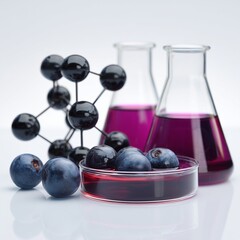 Laboratory composition: Petri dish with aronia extract, transparent beakers with deep purple solution, and molecular model representing anthocyanins and procyanidins.