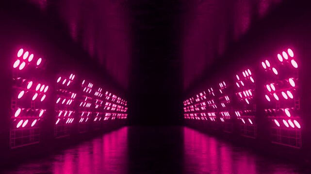 Metallic grid structure bathing dark corridor with pink neon lights, generating luminous reflections across wet flooring and creating immersive futuristic visual experience