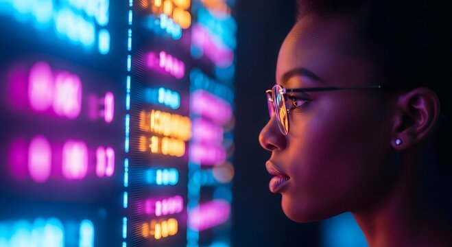 Focused young woman with glasses observing a vibrant digital display of data and charts