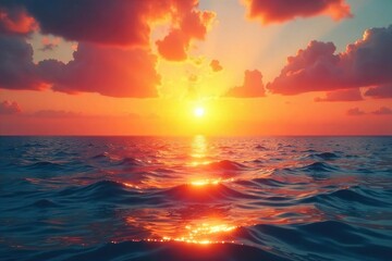 Obraz premium A vibrant sunrise over a calm ocean, reflecting the golden hour and peaceful serenity; a visual representation of finding happiness in simple moments , hope, color, golden hour