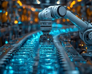 Automated robotic arms maintaining a futuristic clean water distribution system for industry