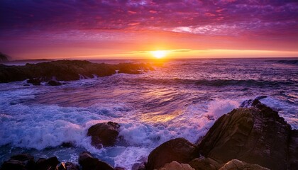 serene ocean waves at sunset with purple sky and glowing sun over rocky coastline
