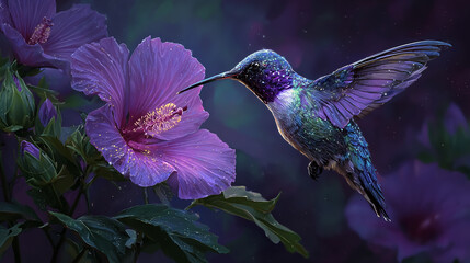 Glittering hummingbird hovering beside a vibrant purple hibiscus flower at night, illuminated by soft moonlight, detailed feathers sparkling with iridescence
