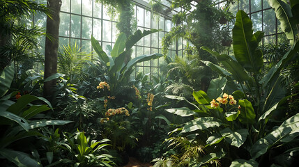 Fototapeta premium Lush tropical plants and vibrant flowers thrive within a sun-drenched greenhouse.