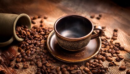vintage empty coffee cup surrounded scattered coffee beans rustic still life cozy warmth aroma espresso brew morning beverage ceramic brown