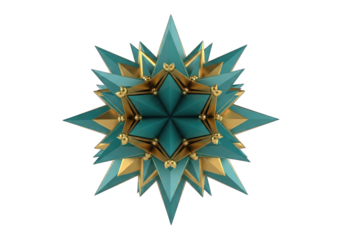 Teal and Golden Geometric Starburst with Spheres on Transparent Background