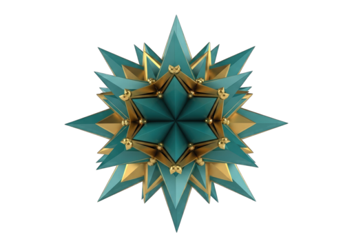 Teal and Golden Geometric Starburst with Spheres on Transparent Background