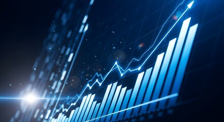 Dynamic blue financial growth chart with upward trend and digital data visualization