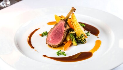 A delectable lamb chop, artfully arranged with roasted vegetables and rich gravy, sits elegantly on a white plate, showcasing culinary artistry.