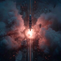 Obraz premium Rocket Launching Into Night Sky Over City with Smoke and Bright Flame