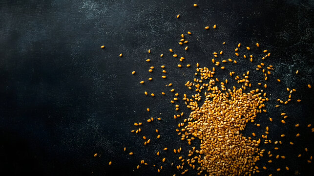 Golden einkorn grains scatered across a dark surface showcasing their fine texure and natural elongated orm under soft light.
