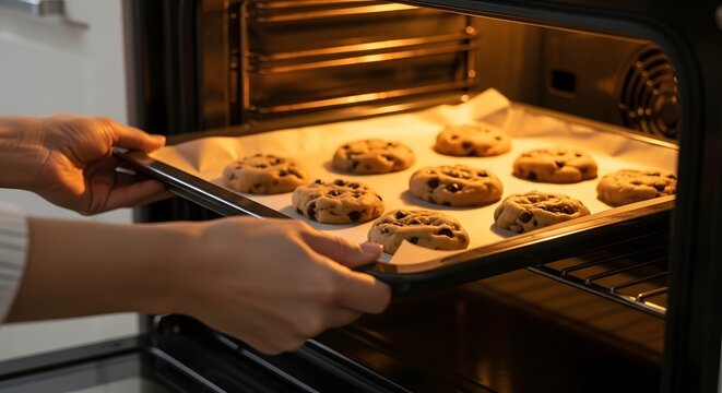 A persons hands placing a baking sheet filled with freshly baked chocolate chip cookies into a hot oven