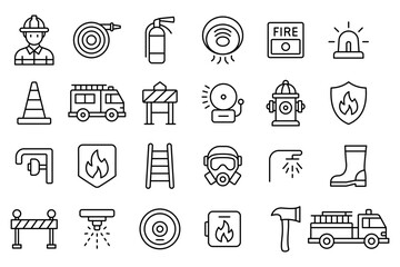 A collection of black and white icons for firefighting and emergency services. The icons include a fire hydrant, a fire truck, a fireman. vector. Editable stroke.