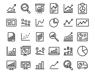 A collection of icons for graphs and charts. The icons include a magnifying glass, a laptop, a clock, a car, a truck, a person, and a box. Vector. Editable stroke.
