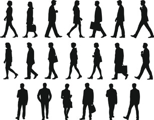 Business people silhouettes walking, cityscape background, urban professionals, office workers, teamwork concept, corporate lifestyle, modern business environment illustration