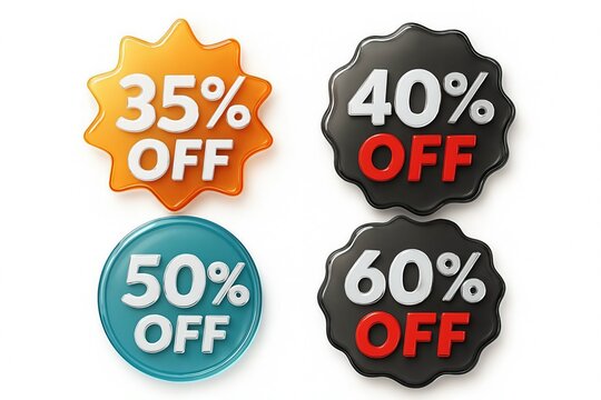 Collection of four colorful discount tags with percentage off offers