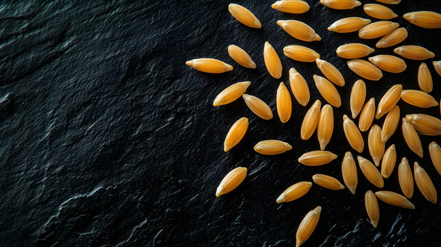 A close-up of golden einkon grains scattered on a dak surface, showcasing thei narrow elongated shape an textured surface.