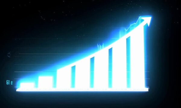 Glowing bar graph showing upward trend against dark background with scattered light particles effect