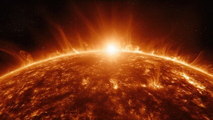 A close-up view of a fiery sun, radiating intense heat and light, with solar flares erupting from its surface against a dark, star-studded backdrop