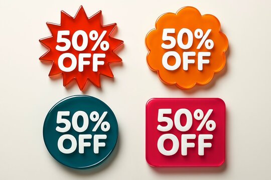 Four colorful 50 percent off sale discount tags