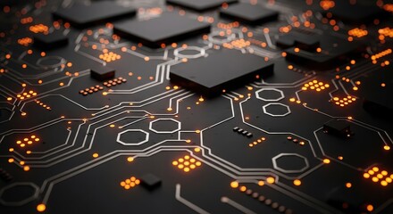 Close-up of futuristic circuit board with glowing components and data flow