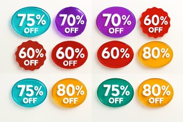 Collection of colorful discount sale tags with percentages off