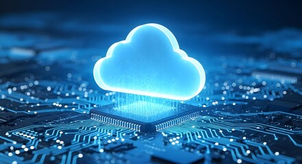 Glowing neon blue cloud symbol hovering above a complex computer circuit board with digital data streams