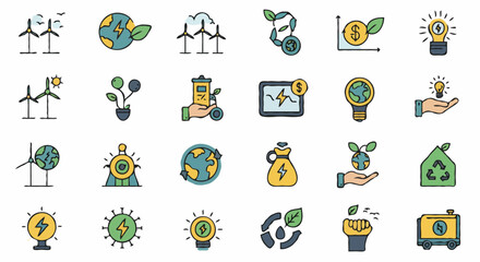 Fototapeta premium Flat line icon set in green and yellow tones representing ecology and green energy