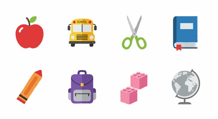 Flat design school supply icon set on a white background