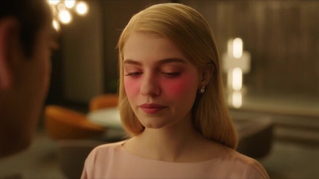 Close-up of a shy, young, beautiful, fair-skinned blonde blushing heavily while talking to a man with his back to the camera