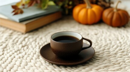 A cozy autumn scene featuring a cup of coffee and pumpkins, perfect for relaxation and seasonal charm.