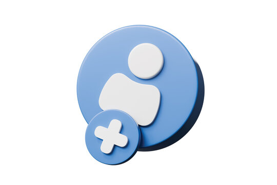 3d add user circle icon. new account and social media signup concept. Minimal cartoon profile with plus sign in blue round button isolated on white background. 3d render.