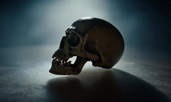 A side view of a human skull with a dark shadow underneath it in a dimly lit environment