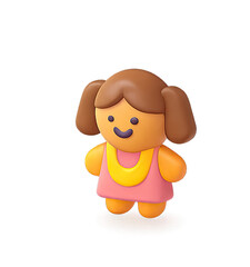 Obraz premium A cute, brown-haired girl with pigtails wearing a pink dress with a yellow necklace, standing against a transparent background.