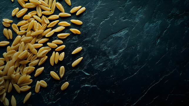A close-up of golden einkon grains scattered on a dak surface, showcasing thei elongated shape and fine exture under natural light