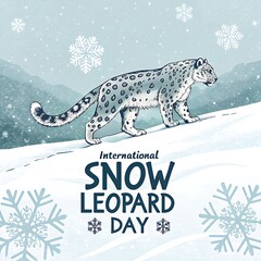 Snow Leopard Day: A snow leopard gracefully navigates a snowy landscape. Captured against a serene backdrop of falling snowflakes, this scene evokes a sense of majestic elegance.