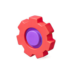 A red and purple gear icon with a purple button inside, set against a transparent background.