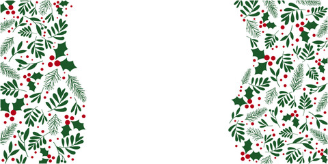 Winter green and red berries decoration illustration. Winter holiday and Christmas decoration banner. Vector illustration.