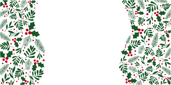 Winter green and red berries decoration illustration. Winter holiday and Christmas decoration banner. Vector illustration.