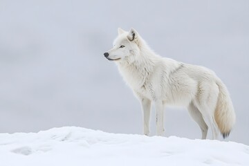 Obraz premium Arctic wolf cautiously approaches a wildlife photographer in the polar landscape