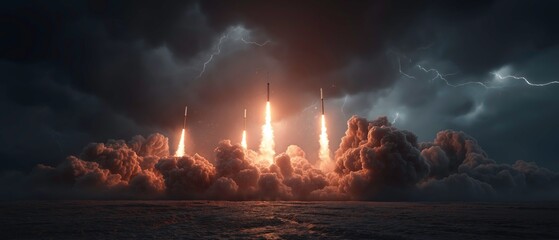 Rocket Launch with Bright Flames and Dark Stormy Clouds During Night