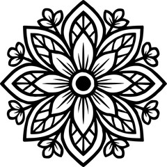 Intricate Black and White Floral Mandala Design | Symmetrical Mehndi-Inspired Art | Detailed Geometric Patterns for Coloring Books and Tattoos