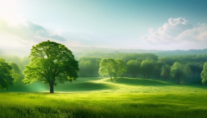 Fototapeta premium tranquil green landscape surrounded by lush trees and gentle breeze