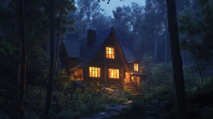 A cozy cabin illuminated at night, surrounded by lush trees, creating a serene and inviting atmosphere in the woods.