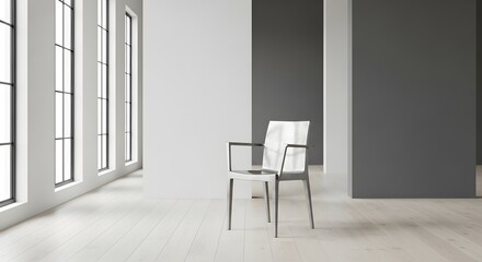 Modern minimalist interior with a single white chair in a spacious room with large windows and light wooden floor