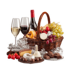 Elegant Gift Basket with Wine, Cheese, Grapes and Chocolates on Transparent Background